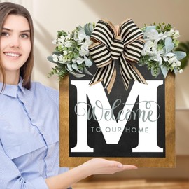 2025 Welcome Wreaths for Front Door-14"x12", 26 Initial Letter Wreaths for Front Door, Welcome Sign with Eucalyptus Garland and Bow, Porch Farmhouse Decoration, Housewarming Gifts (M)