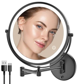 Rocollos Rechargeable Wall Mounted Lighted Makeup Mirror, 8 Inch Double-Sided LED Vanity Mirror 1X/10X Magnification,3 Color Lights Touch Screen Dimmable (9 INCH-Black)