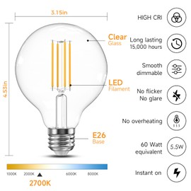 TJOY G25 Globe Light Bulbs, LED Edison Vanity Light Bulbs, Dimmable, 2700K Warm White, 500 Lumens, 5.5W=60W, CRI80, Clear Vintage Filament Globe, E26 Base, 4 Pack