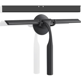 Quntis Jalador para Vidrios, Escobilla de Goma para Limpieza con Ganchos a Juego Apoyo y 1 Escobilla Goma Repuesto, Limpiacristales de Ducha Acero Inoxidable para Baño, Ventanas y Cristales, Negro