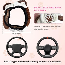 DXNQ Car Steering Wheel Cover, Cute Fluffy Cat Ears Steering Wheel Protector, Breathable Plush Cover for 14.5"-15" Car Steering Wheel, Car Interior Accessories for Women Girls (White+Brown)