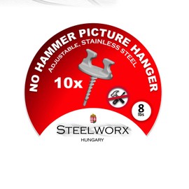 STEELWORX No Hammer Adjustable Stainless Steel Picture Hanger Hooks, box of 10