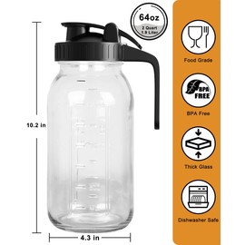 VA1KENE 64 oz Mason Jar Pour Spout, 2 Quart Glass Water Pitcher with Lid, Airtight Seal for Great for Iced Tea,Juice,Milk,Coffee,Sun Lemonade, Set of 1(Black)