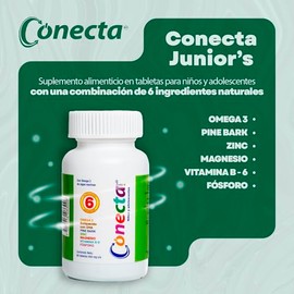 Suplemento AlimenticioConecta Junior´s 30 tabletas (450 mg) con Omega 3, Zinc y Magnesio | Apoyo Nutricional Escolar con Vitamina B6 y Pine Bark | Fór