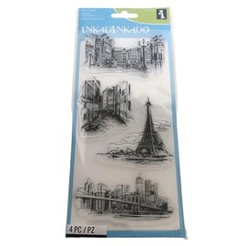 Inkadinkado Travel Sketches Clear Stamps Set of 4 Eiffel Tower London Street Scene with Double Decker Bus Eifel Tower Paris Brooklyn Bridge New York Venice Canal Vacation