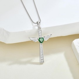 FYNSBLE Cross Necklace for Women Sterling Silver Guardian Angel Wings Pendant Heart Emerald May Birthstone Necklace Jewelry for Women Mother Her