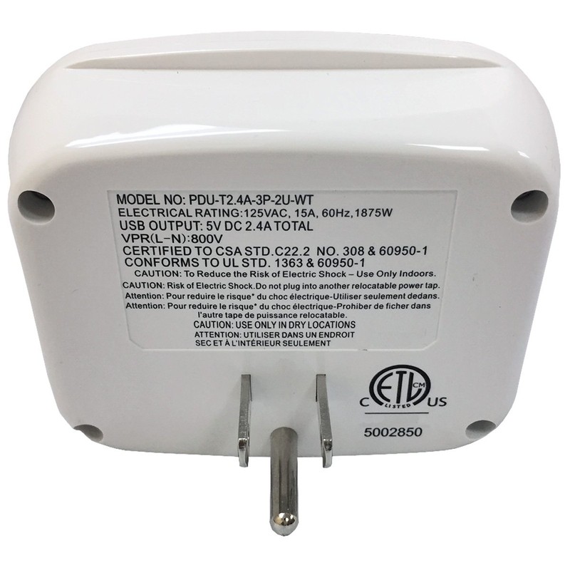 3-Outlet Surge Protector with 2 USB Ports 2.4A Wall Charger