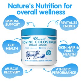 Colostrum Powder - Bovine Colostrum Supplement with Collagen Peptides for Women Men, Grass Fed High IgG Superfood for Gut Health, Immune Support, Nail Hair Growth, Easy to Mix, Unflavored, 4.23OZ