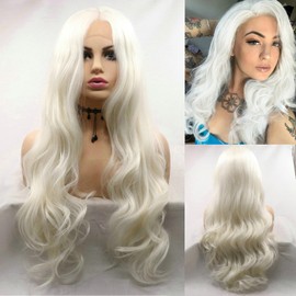 SERENEWIG 24" White Blonde Lace Front Wig Long Soft Wavy Synthetic Heat Resistant Fiber Hair Snow White Wave Lace Replacement Wigs for Women Cosplay Daily Party Use Natural Hairline