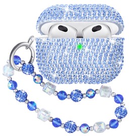 Ucharmbead Compatible with AirPods 3rd Generation Case Sparkly Glitter Rhinestone Girly Case for AirPods 3 with Shining Diamond Lanyard for Women Blue