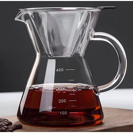 COFISUKI Pour Over Coffee Maker with Reusable Stainless Steel Drip Filter, Glass Drip Coffee Maker Set, Lead-Free Borosilicate Glass Coffee Carafe for 1-2Cup, Clear (400ml/13.5oz)