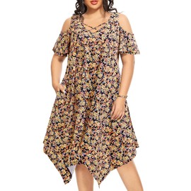 Plus Size Cold Shoulder Dress Sun Summer Beach Casual Floral Tshirt Swing Short Sleeve Boho Swing Dresses Pockets 2024
