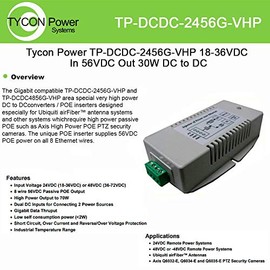Tycon Systems TP-DCDC-2456G-VHP 56V DC Out 70W Hi Power DC to DC Converter and Passive POE Inserter - Gigabit