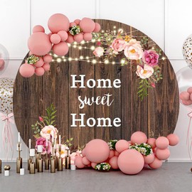 Yeele 6x6ft Home Sweet Home Round Backdrop Pink Flowers Rustic Wooden Board Shining Lights Photography Background for Housewarming Party Banner New House Decoration Supplies Photo Booth Props