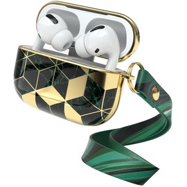 EAZY CASE - Protective Case for AirPods Pro Case Green Hard Case Shockproof with Carabiner Suitable as Key Chain Anti-scratch Case Non-Slip Hard Case for Airpod Pro 1st Generation in Gold Green Marble