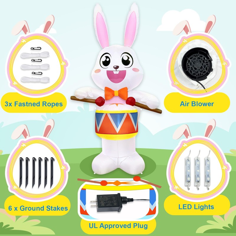 OurWarm 8FT Easter Inflatables Outdoor Decorations, Drumming Inflatable Easter Bunny