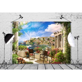 BELECO 7ft x 5ft Fabric Photo Backdrop - Tuscany Garden Patio Mediterranean Bay View Costal Cityscape Spring Flowers Roman Columns Italian Background