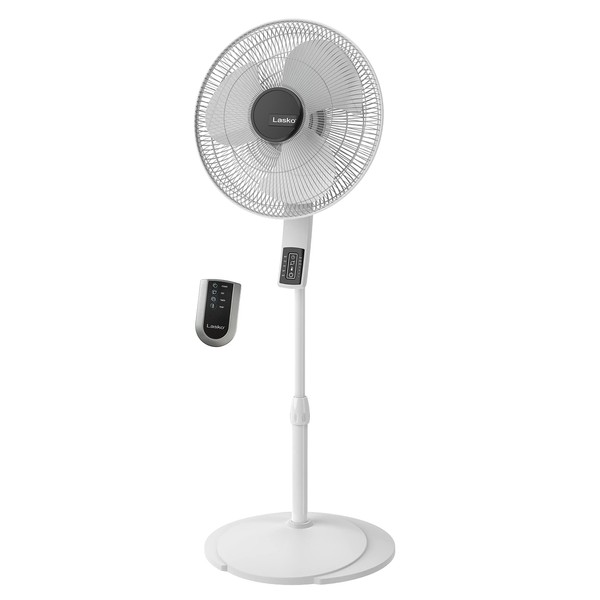 Lasko Oscillating Pedestal Fan, Thermostat, Adjustable Height, Remote Control, Timer, 4 Speeds, for Bedroom, Living Room, Office & Dorm, 16", White, S16614