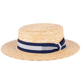 ZAKIRA Classic Straw Boater Hat Handmade from Natural Straw (Navy-Grey-Navy Band, XL)