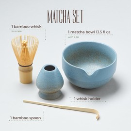 Matcha Whisk Set: Matcha Bowl with Spout, Matcha Set Whisk and Ceramic Whisk Holder with Bamboo Matcha Scoop - 13.5 oz Chawan Bowl (Steel Blue)