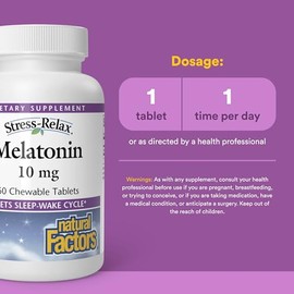 Melatonina Stress-Relax 10 mg por Natural Factors, ayuda natural para dormir, restablece el ciclo de sueño-vigilia, 60 tabletas masticables (60 porcio