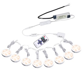 AIBOO Linkable Under Cabinet LED Lighting 12V Dimmable Puck Lights Hardwired with Wireless RF Remote Control for Kitchen Mood Lighting(8 Lights, Warm White, NO Wall Plug)