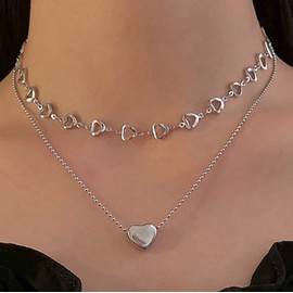 TseenYi Layered Heart Love Choker Necklace Multilayer Heart Necklace Neck Lace Tiny Beads Chain Necklace Small Heart Necklace Silver Love Short Necklace Chain Jewellery for Women and Girls
