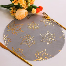 Snowkingdom 24 Pcs Fall Placemats, 13 inch Round Black Gold Leaf Thanksgiving Disposable Placemats, Gold Metallic Glitter Foil Maple Leaves Kitchen Dining Table Mats for Autumn Harvest Party Decor