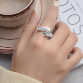 YMHOP Sterling Silver Chunky Open Twist Stackable Rings Heart/Rectangle/Beads Ring for Women Bold Crossover Statement Ajustable Ring Band (A-Rectangle)