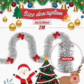 candyfouse 6.6 Feet Christmas Garland, Silver Frost Tip Metallic Garland,with 6 Red Bowknots Christmas Decorations for Tree and in Indoor Outdoor, Perfect for Holiday, Wedding, and Party Detor