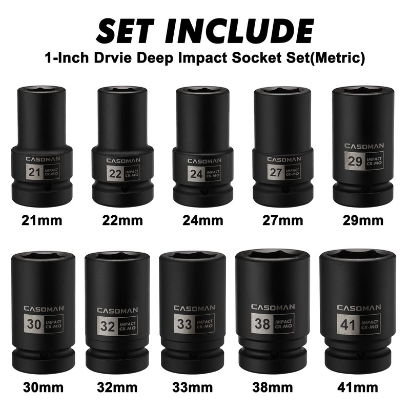 CASOMAN 10PCS 1-Inch Drive Deep Impact Socket Set, Metric, CR-MO,