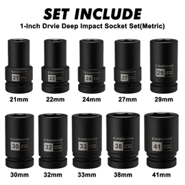 CASOMAN 10PCS 1-Inch Drive Deep Impact Socket Set, Metric, CR-MO, 21,22,24,27,29,30,32,33,38,41mm, Deep Spindle Axle Nut Impact Socket Set