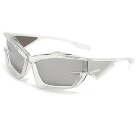 BAWUYI Cool Futuristic Y2K Sunglasses for Men Women Sports Wrap Around Shield Cat Eye Glasses Alien Space Shades (Clear Frame Silver Lens)