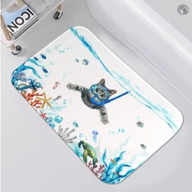 Fowocu Funny Cat Bathroom Rugs Mat Ocean Sea Animal Bath Rugs Water Absorbent Non Slip Shower Mat Soft Microfiber Cute Bath Mats for Bathroom Decor (Blue, 32''×20'')