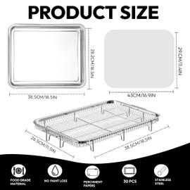 Air Fryer Basket for Oven, OvenCrisp 15.6" x 11.6" Large Tray and Pan Set with 30 Parchment Liners, Stainless Steel Crisper Basket for Baking and Roasting