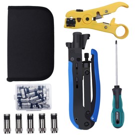 Delgada Coax Cable Crimper Kit,Compression Tool Coax Cable Crimper Set with 20 PCS F Compression Connectors, Adjustable RG6 RG59 RG11 75-5 75-7 Coaxial Cable Stripper