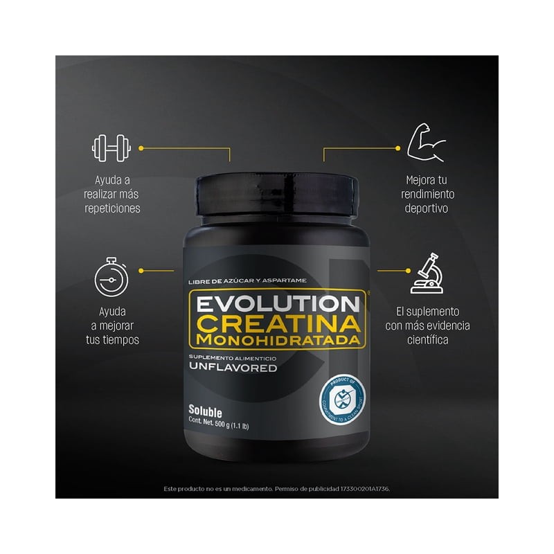 Monohidrato de Creatina Evolution Nutraceutical Bote Natural Soluble 500 Gramos