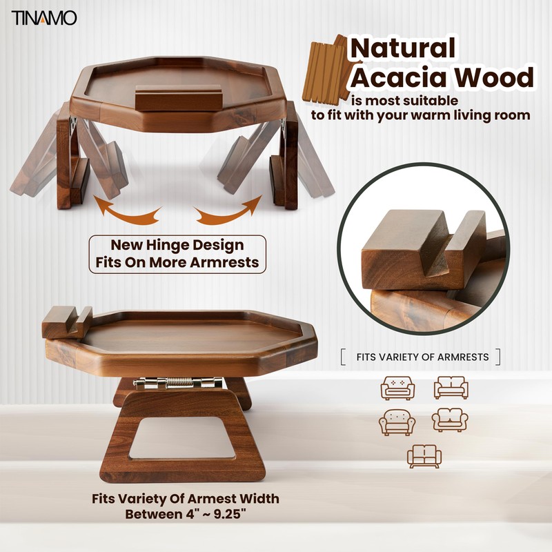 Tinamo Octagonal Acacia Sofa Arm Tray, Couch Armrest Table with