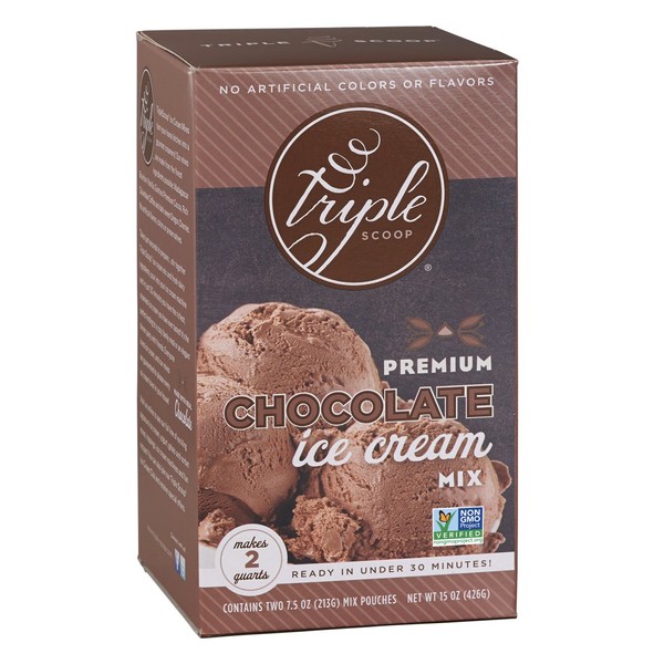 Triple Scoop Ice Cream Mix, Premium Chocolate, starter for use with home ice cream maker, non-gmo, no artificial colors or flavors, ready in under 30 mins, makes 2 qts (1 15oz box)