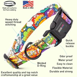 DOGLINE Biothane Waterproof Quick Release Dog Collars - Strong Collar, Odor-Proof, Easy to Care, Fits Dog Collars for Medium Dogs (Comics, 3/4" W by 12-19" L)
