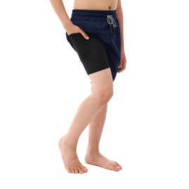 IRELIA 2 Pack Boys 2 in 1 Running Shorts Kids Box Brief Liner Compression Active Sports Shorts BN 7-8 Black/Navy