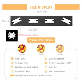 NOVELUX 26.66 in 4 Light Bathroom Vanity Light- Bathroom Light Fixtures,360° rotatable lamp head-5CCT Optional Vanity Lights for Bathroom,27W Mirror Bath Wall/ETL Certificated Black