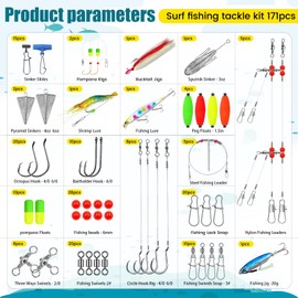 YOTO Surf Fishing Tackle Kit – Complete Ocean Saltwater Gear with Pompano Rig, Fishing Leaders，Pyramid Sinkers, Sputnik Sinker, Fishing Hooks, Lures, Swivels, and Accessories