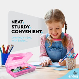 Enday Plastic Pencil Box with Snap Closure Lids Pink, Small Utility Storage Crayon School and Office Supplies Case Organizer, Also Available in Glitter Green, Purple, Blue, Red and Grey, 1 Pc