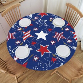 Round Tablecloth Patriotic American Stars Fitted Elastic Waterproof Wipeable Table Cloth Cover Decor Table Pad Cover for lndoor Outdoor-Medium