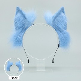 ILUFAM Furry Fox Wolf Cat Ears Headband Faux Fur Animal Ears Cosplay Party Costume Accessories Headwear (Blue)