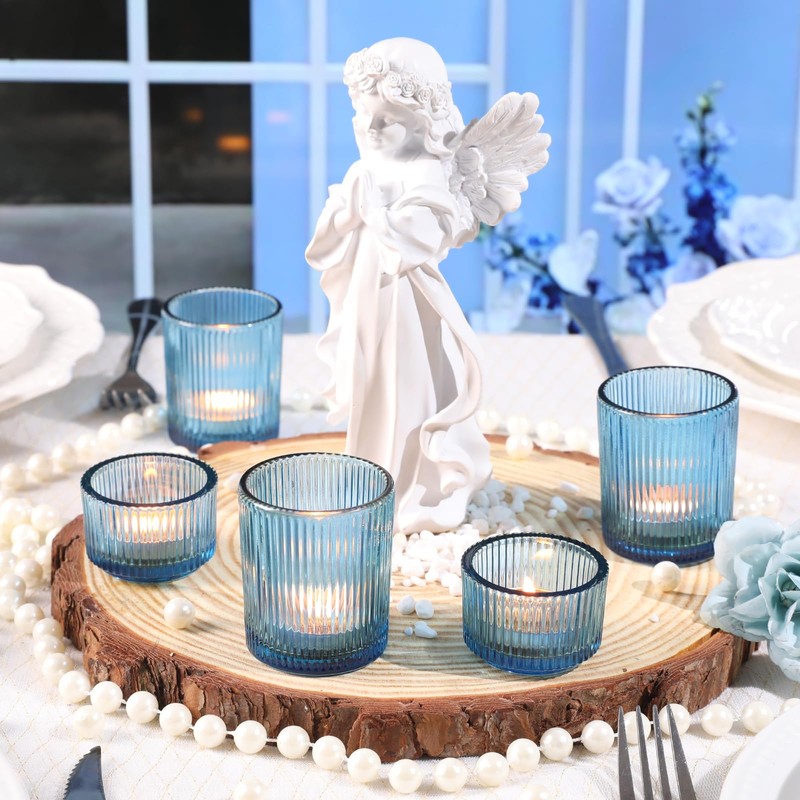 NITIME 20pcs Ribbed Blue Votive Candle Holders, Assorted Tea Lights