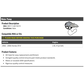 Marketplace Auto Parts - Water Pump - Compatible with 2002-2006 Honda CR-V 2.4L 4-Cylinder GAS