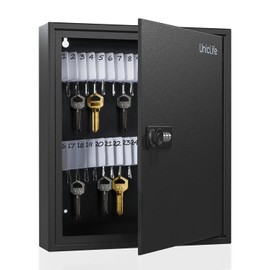 Uniclife 60 Position Slotted Key Cabinet with Combination Lock Resettable Black Digital Security Storage Box Steel Key Organizer with Slotted Racks White Key Tag Labels and Permanent Pen