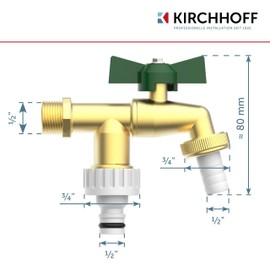 KIRCHHOFF 99720224 Double Tap 1/2 Inch x 3/4 Inch x 3/4 Inch Garden Tap with 2 Connections, 2-Way Outdoor Tap for Garden Hose, Outlet Tap for Cellar and Garden